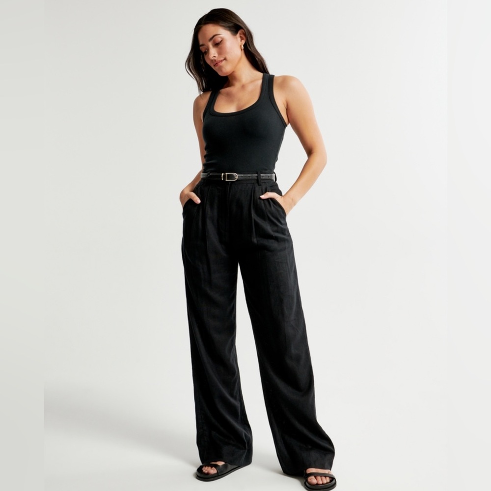 Abercrombie Curve Love Linen-Blend Tailored Wide Leg Pant